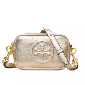 Tory Burch Perry Bombe Mini Metallic Leather Crossbody: Champagne